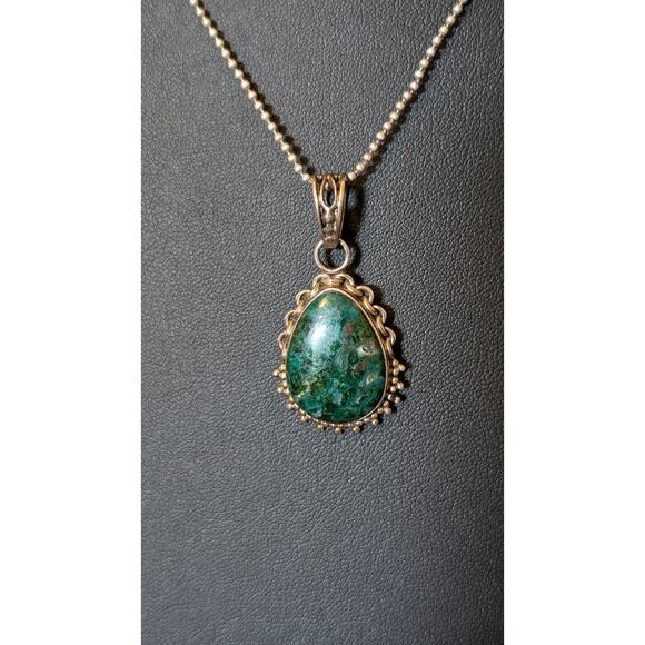 Vintage Chrysocolla 925 Sterling Silver Pendant on Bead Ball Chain Marked 925 - Picture 6 of 7